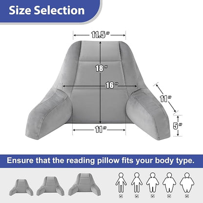 Reading Pillows for Sitting in Bed Adult, Back Pillow for Bed Sitting Up, Backrest Pillows with Shredded Foam for Adult&Teens, Support Pillow with Arms for Beds, Couch, Floor, 18in, Grey