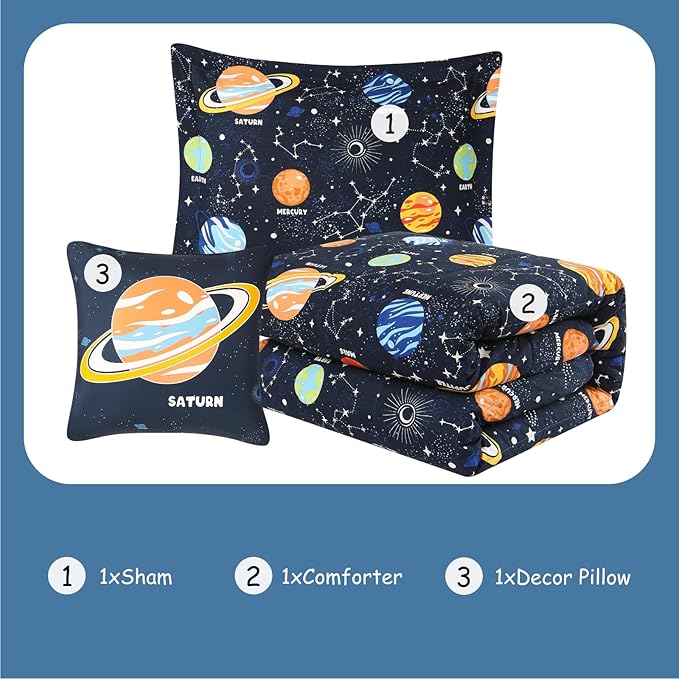 Twin Comforter Set for Boys - 3 Pieces Space Twin XL Bedding Set with 1 Comforter, 1 Decor Pillow, 1 Pillow Sham