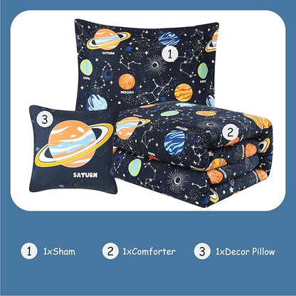 Twin Comforter Set for Boys - 3 Pieces Space Twin XL Bedding Set with 1 Comforter, 1 Decor Pillow, 1 Pillow Sham