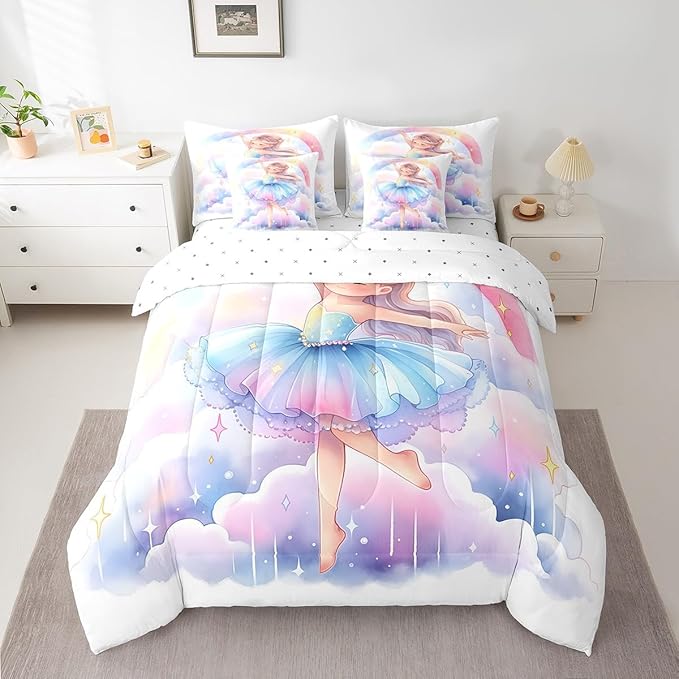 Feelyou Ballet Girls 7Piece Bedding Set King Size Cute Ballet Girls Comforter Set with Sheets for Kids Teens Toddler Dancing Girl Bed in a Bag Rainbow Bed Set