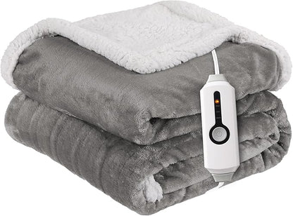 Electric Heated Blanket Throw Size 50"x60" - Dual-Sided with Microplush & Sherpa Fabric, 4 Heat Settings & 3 Hours Auto Off, Machine Washable - Light Gray