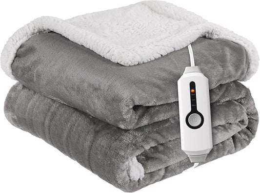 Electric Heated Blanket Throw Size 50"x60" - Dual-Sided with Microplush & Sherpa Fabric, 4 Heat Settings & 3 Hours Auto Off, Machine Washable - Light Gray