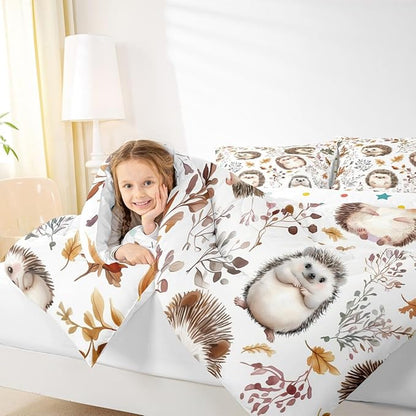 Cartoon Hedgehog Kids Comforter Set,Watercolor Autumn Leaves Plants Bedding Sets for Boys Girls Teens,Cartoon Wild Animals Rustic Style Down Comforter with 2 Pillowcases King Size 3 Pcs
