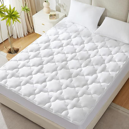 CozyLux Twin Mattress Pad Deep Pocket Up to 21" Non Slip Cotton Cooling Mattress Topper Breathable and Soft Quilted Fitted Mattress Cover Thick Pillowtop 450GSM Bed Mattress Pad (39x75) Inches White