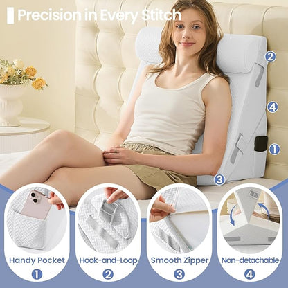Sasttie Wedge Pillow Set for After Surgery, 2PCS Adjustable Bed Wedge Pillow Headboard with Memory Foam Neck Cushion – for Acid Reflux, Sleeping, Neck & Back Support, White