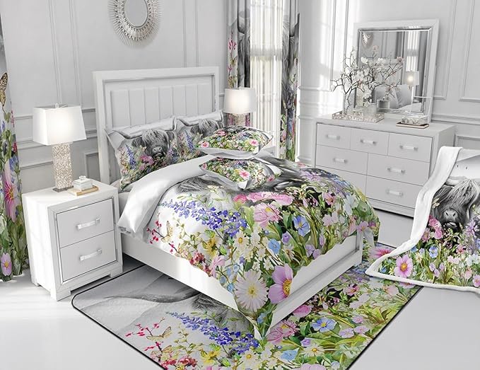 Highland Cow Duvet Cover Twin,Watercolor Flowers Cowhide Bedding Set for Kids Teens Girls Boys Room Decor,Rustic Farmhouse Comforter Cover Cute Animals Plants Quilt Cover with 1 Pillowcase