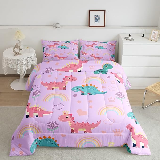 Castle Fairy Kawaii Dino Kids Comforter Set Queen Size,Cute Rainbow Floral Love Heart Reversible Bedding Set for Adult,Pink Blue Dinosaur Lovely Animal Luxury Bed Duvet Insert,2 Pillowcases