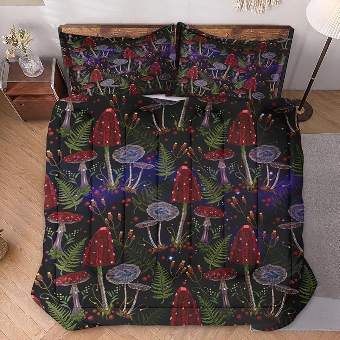 Full Size Comforter Set with 2 Pillowcases, Mushroom Gothic Fern 3 Pcs Soft Bedding for Kids and Adults, Vintage Leaf Retro Plant Comforter Set for Room Bedroom Bed Decor