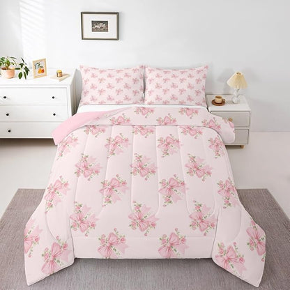 Erosebridal Cute Pink Floral King Comforter Set,Pink Coquette Bow Bedding Set for Girls Kids Women,Princess Bowknot Quilt,Boho Flower Wildflower Bedroom Decor with 2 Pillowcases,Ultra Soft