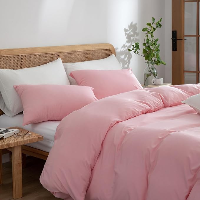 Jane yre Pink Duvet Cover Queen, 100% Washed Microfiber 3 Pieces Bedding Queen with Zipper Closure, Soft Natural Slight Wrinkled Comfy