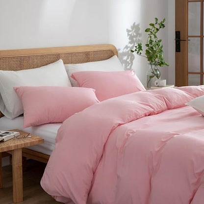 Jane yre Pink Duvet Cover Queen, 100% Washed Microfiber 3 Pieces Bedding Queen with Zipper Closure, Soft Natural Slight Wrinkled Comfy