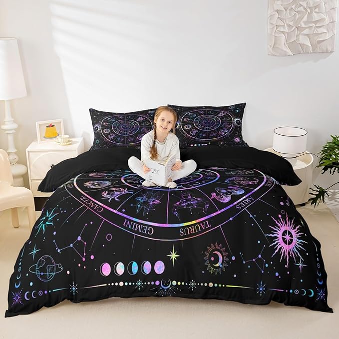 Sun and Moon Duvet Cover Set King Size,Starry Galaxy Zodiac Constellation Bedding Set 3Pcs for Teens Woman Men Room Decor,Neon Blue Purple Comforter Cover Hippie Boho Quilt Cover,2 Pillowcases