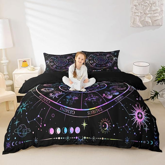 Sun and Moon Duvet Cover Set King Size,Starry Galaxy Zodiac Constellation Bedding Set 3Pcs for Teens Woman Men Room Decor,Neon Blue Purple Comforter Cover Hippie Boho Quilt Cover,2 Pillowcases