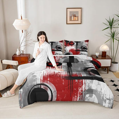 Feelyou Kids Abstract Comforter Set Toddler Size Modern Art Bedding Set for Boys Girls Teens Bedroom Decor Geometric Comforter Women Men Geometric Red Black Duvet Set with 1 Pillow Case