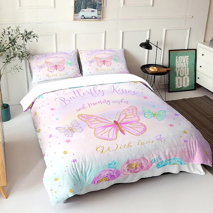 CVHOUSE Butterfly Duvet Cover Set Full Size,Butterfly Bedding Set,Butterflies Printed Comforter Cover Set for Girls Kids Teens,1 Quilt Cover 2 Pillowcases 3 Piece