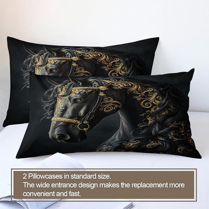 Black Horse Duvet Cover Twin Size, Ancient Warhorses Bedding Set 2 Piece Kids and Adults Noble Gold Foil Horse Comforter Cover with Zipper Ties & 1 Pillowcases
