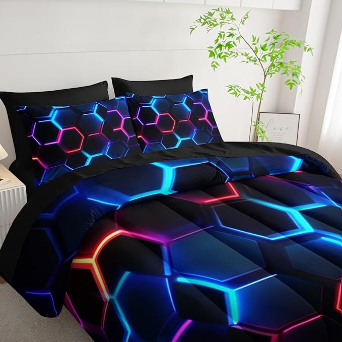 Geometric Full Comforter Set,Colorful Neon Lights Honeycomb Bedding Set 7 Piece with Comforter Fitted Sheet Flat Sheet Pillowcases,Bed Sets Geometry Decor,Microfiber Lightweight All Season.