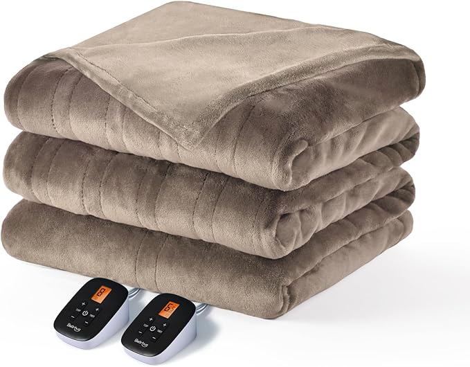 Bearhug Velvet Electric Blanket King Size 100" x 90" Taupe Double Sided 10 Heating Levels & 0.5-12H Auto Off Over-Heat Protect ETL Certified,Machine Washable,Dual Controller
