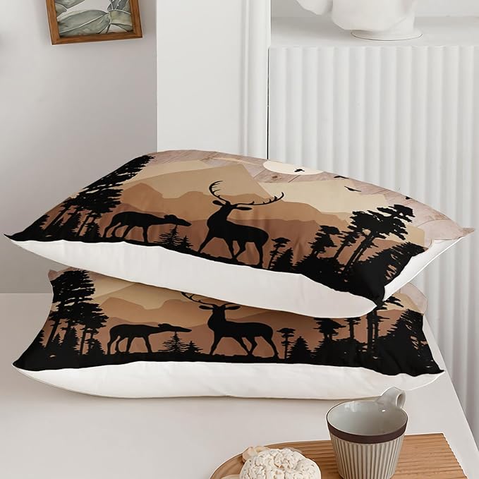 Cute Deer Comforter Set for Kids Boys Girls Child, Deer Tree Print Comforter Set Twin Size, 3 Pieces Lightweight Vintage Brown Elk Comforter with 2 Pillow Shams for All Seasons