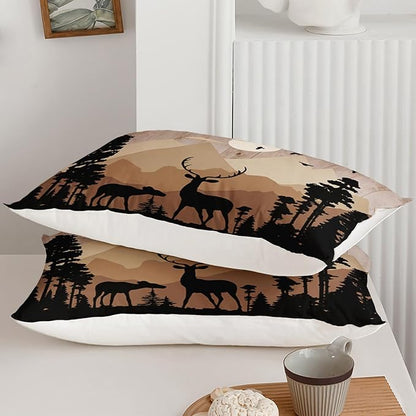 Cute Deer Comforter Set for Kids Boys Girls Child, Deer Tree Print Comforter Set Twin Size, 3 Pieces Lightweight Vintage Brown Elk Comforter with 2 Pillow Shams for All Seasons