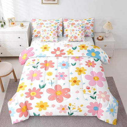 Feelyou Cute Flower 7 Piece Bedding Set Queen Size Kids Cartoon Cute Floral Bed in a Bag for Kids Girls Teens Toddler Yellow Pink Comforter Set with Sheets Kawaii Bed Set
