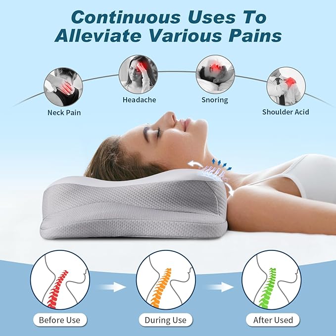 Cervical Neck Pillow - Cooling Ergonomic Neck Support Pillow for Sleeping, Orthopedic Contour Memory Foam Pillows for Side, Back & Stomach Sleepers with Pillowcase (Grey)