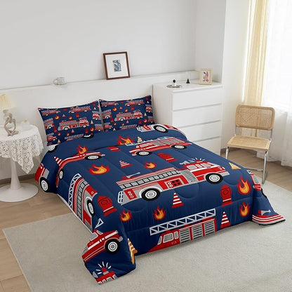 Cartoon Car Bedding Set Fire Truck Comforter Set for Kids Boys Girls Teens Room Decor Firefighter Comforter Firemen Car Vehicle Fire Engine Blue Red Duvet Set 2Pcs Twin Size With 1 Pillow Case