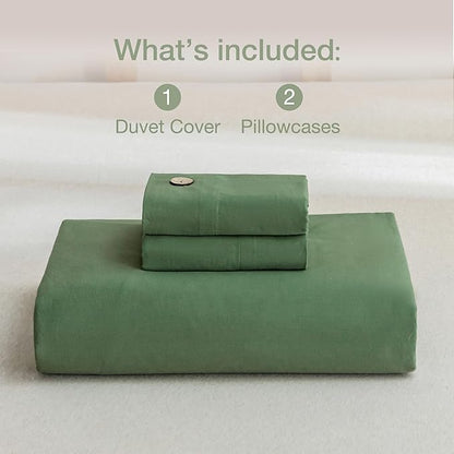 JELLYMONI Cotton Duvet Cover Cal King Size - Green Comforter Cover with Button 100% Washed Cotton 3PCS Breathable Soft Solid Bedding Set Duvet Cover 104×98in & 2 Pillowcases (NO Comforter)