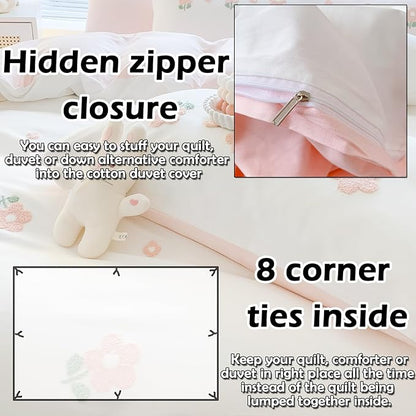 MorroMorn Twin Duvet Cover Cotton, 3D Embroidery Twin Bedding Sets, Cute Chenille Embroidered Comforter Covers Summer Blanket Soft Dry Sweat-Absorb for Girls Kids Teen (Flowers White, Twin/Twin XL)
