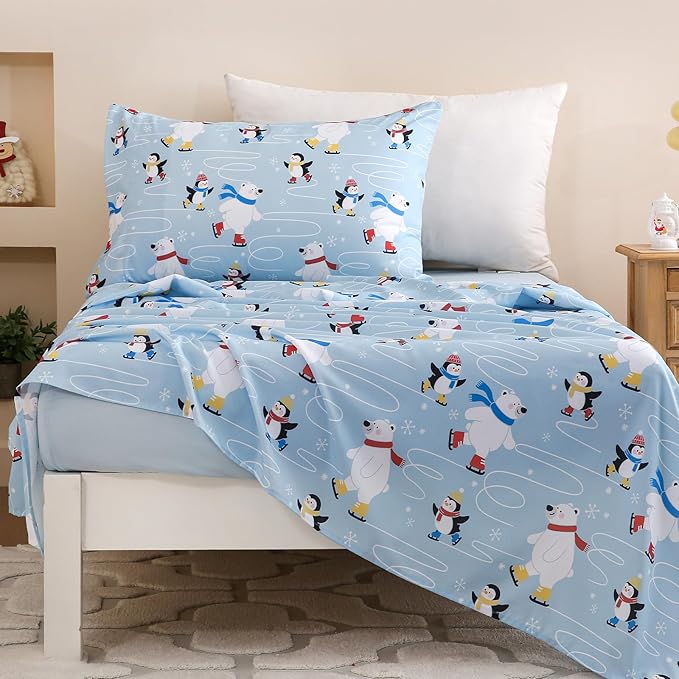 Toddler Comforter Set for Kids, Boys, Girls, 4 Pieces Bed-in-a-Bag Bedding Set, All Season Ultra Soft Sheets Set with Comforter, Penguin Skiing