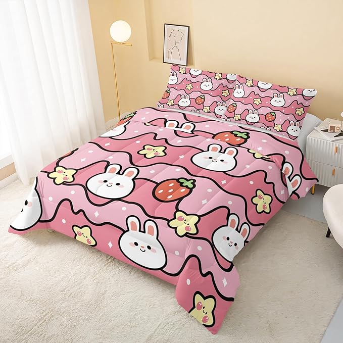 QOOMO Kawaii Rabbit Comforter,Strawberry Rabbit Comforter Set for Kids Teens Girls,3Pcs Bedding Set Printed Comforter with 2 Pillowcases,Down Alternative,Soft and Lightweight(Pink，Twin Size)
