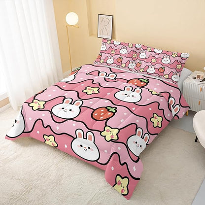 QOOMO Kawaii Rabbit Comforter,Strawberry Rabbit Comforter Set for Kids Teens Girls,3Pcs Bedding Set Printed Comforter with 2 Pillowcases,Down Alternative,Soft and Lightweight(Pink，Twin Size)