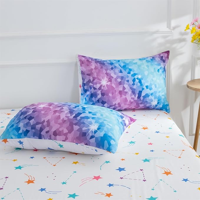 A Nice Night 6Pcs Gradient Abstract Art Grid Mosaic Geometric Bedding Set for Girls, Colorful Rainbow Galaxy Comforter Set, Ultra Soft Bedding Sets (PinkBlue,Twin 6Pcs)
