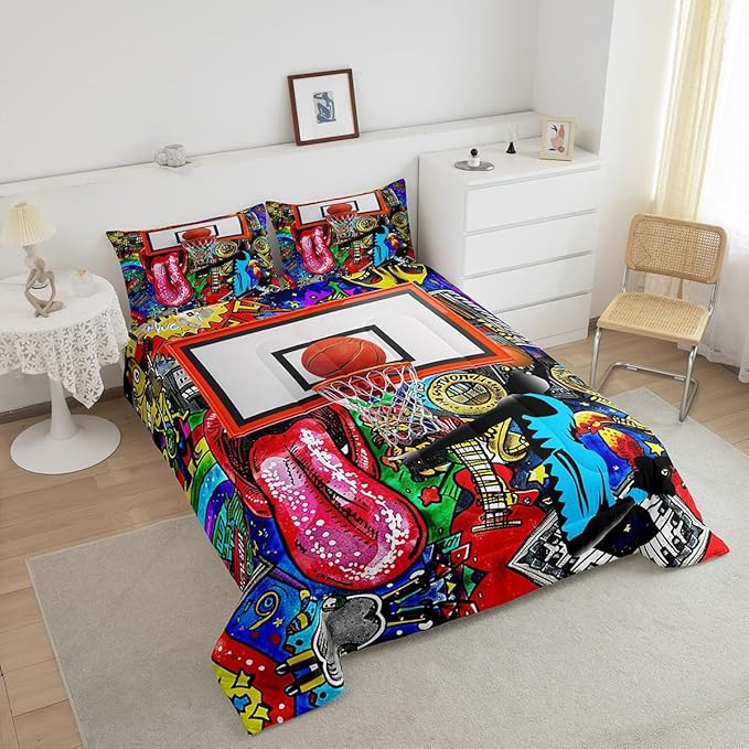 Castle Fairy Basketball Graffiti Comforter Set Queen Size Street Art Bedding Set for Kids Boys Girls Bedroom Decoration Sports Gaming Bed Duvet Insert Boho Hippie Comforter with 2 Pillowcase