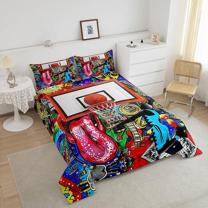 Castle Fairy Basketball Graffiti Comforter Set Queen Size Street Art Bedding Set for Kids Boys Girls Bedroom Decoration Sports Gaming Bed Duvet Insert Boho Hippie Comforter with 2 Pillowcase