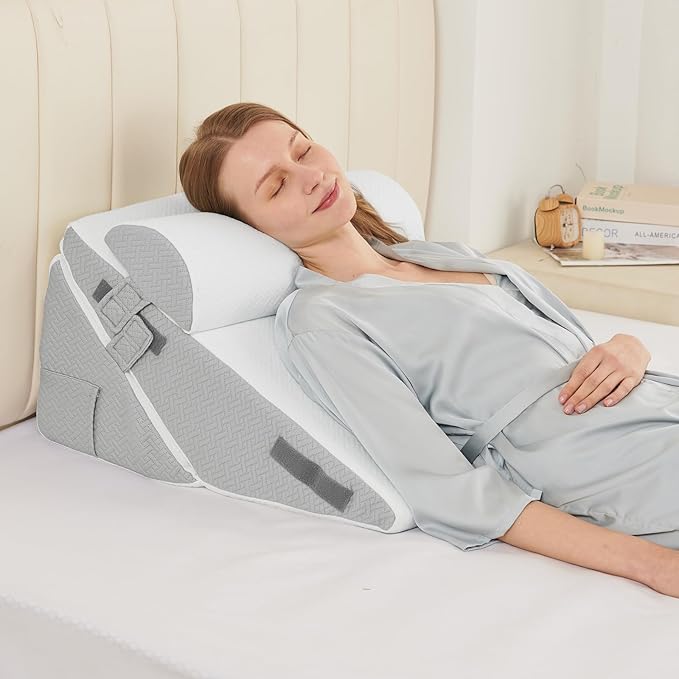 Sasttie Wedge Pillow Set for After Surgery, 2PCS Adjustable Bed Wedge Pillow Headboard with Memory Foam Neck Cushion – for Acid Reflux, Sleeping, Neck & Back Support, Light Grey & White