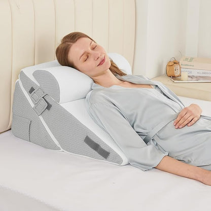 Sasttie Wedge Pillow Set for After Surgery, 2PCS Adjustable Bed Wedge Pillow Headboard with Memory Foam Neck Cushion – for Acid Reflux, Sleeping, Neck & Back Support, Light Grey & White