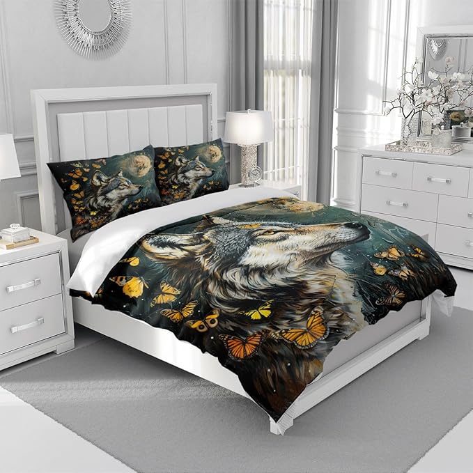 Duvet Cover Twin Wolf Butterflies Pattern Bedding Set for Boys Teens Room Decor 3 Pcs Natural Theme Bed Cover Cooling Comforter Cover Moon Quilts Cover,Twin