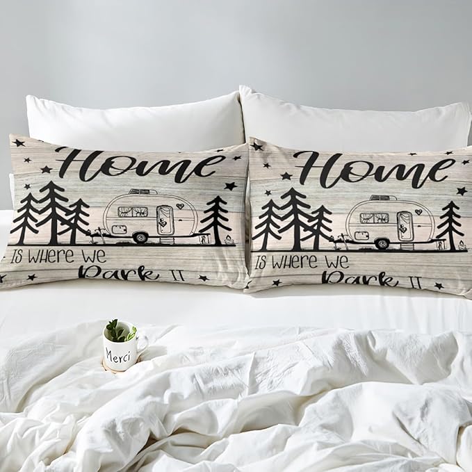 RV Happy Camping Bedding Set Queen Size,Home is Where We Park It Duvet Cover Set for Children Bedroom Present, Rustic Farm Camping Lovers Microfiber Comforter Cover with 2 Pillowcases