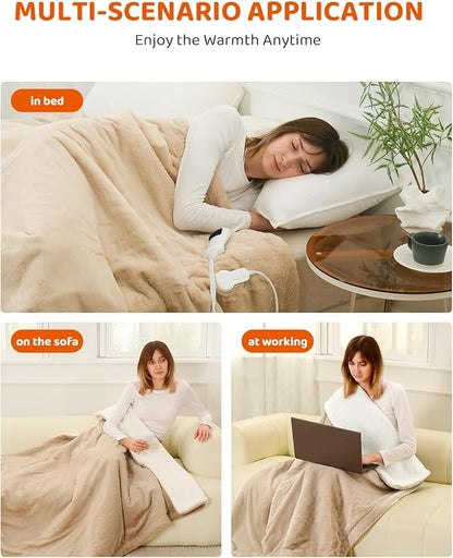 Electric Heated Blanket Throw Size, Faux Fur Throw Blanket, Super Soft Cozy Heating Blanket with 9 Heating Levels & 1-9 Hours Auto Off, Fast Heat & Overheat Protection, 50" x 60", Beige