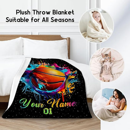 Personalized Basketball Blanket for Girls, Custom Basketball Gifts for Boys Adults Sport Lovers, Kids Throw Blankets for Team Player Couch Bed Home Decor (Colorful, 50x60 Inch)