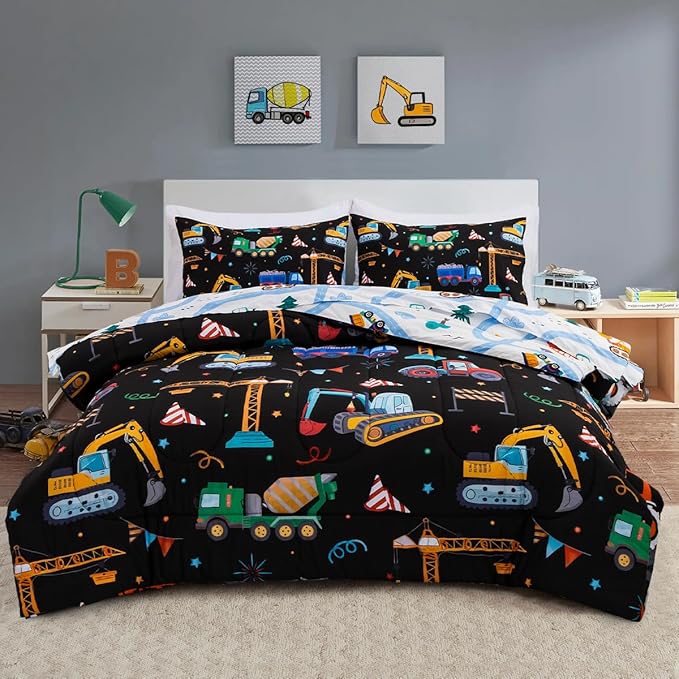 Holawakaka Trucks Tractors Cars Boy Bedding Comforter Set with Sheets, Full Size Cartoon Construction Car Excavator Print Kids Bed in A Bag 5-Piece, Boys Reversible Dorm Bed Sets (Black Full)
