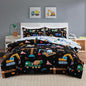 Holawakaka Trucks Tractors Cars Boy Bedding Comforter Set with Sheets, Full Size Cartoon Construction Car Excavator Print Kids Bed in A Bag 5-Piece, Boys Reversible Dorm Bed Sets (Black Full)
