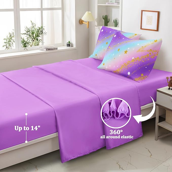 5 Pcs Full Bedding Sets for Girls, Purple Glitter Rainbow Bed in A Bag Full Size Bed Set, Stars Galaxy Bedding Comforter Set for Girls