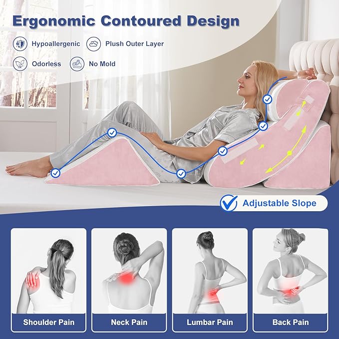 4PC Geriatric Wedge Pillow System - Elderly Bed Wedges for Sitting/Sleeping, Post Surgery Body Positioner with Non-Slip Base (Ideal for Seniors & Pregnancy), White Pink