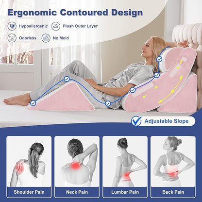 4PC Geriatric Wedge Pillow System - Elderly Bed Wedges for Sitting/Sleeping, Post Surgery Body Positioner with Non-Slip Base (Ideal for Seniors & Pregnancy), White Pink