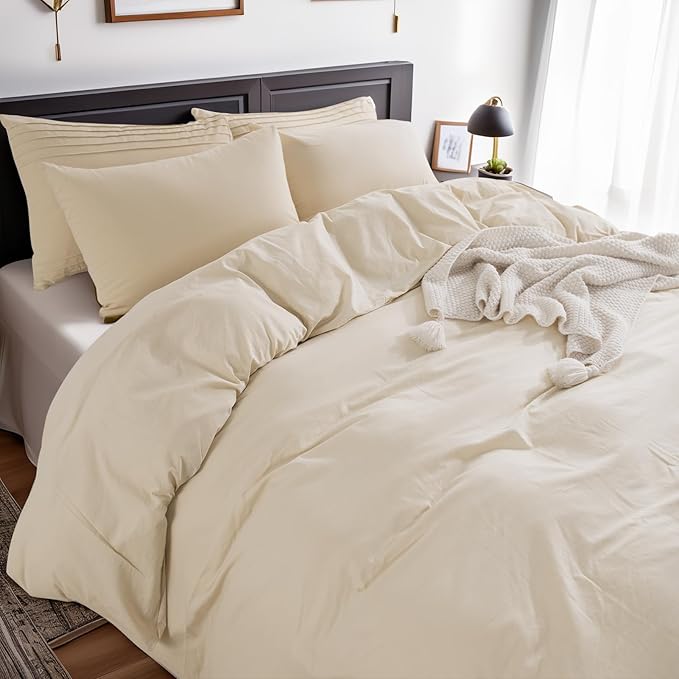 NEXHOME PRO Cotton Duvet Cover Oversized Queen 98"x98" Linen Look Textured Organic Natural 100% Washed Cotton Duvet Cover 3 Pieces Bedding Set Zipper Closure, Breathable (No Comforter)