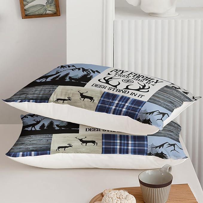 Snowy Forest Deer Comforter Set Full Size, 3-Piece Blue Vintage Animal Plaid Bedding Set for Kids Adults Bedroom, Hunting Wildlife Deer Tree Bedding Set with 2 Pillowcases & 2 Shams