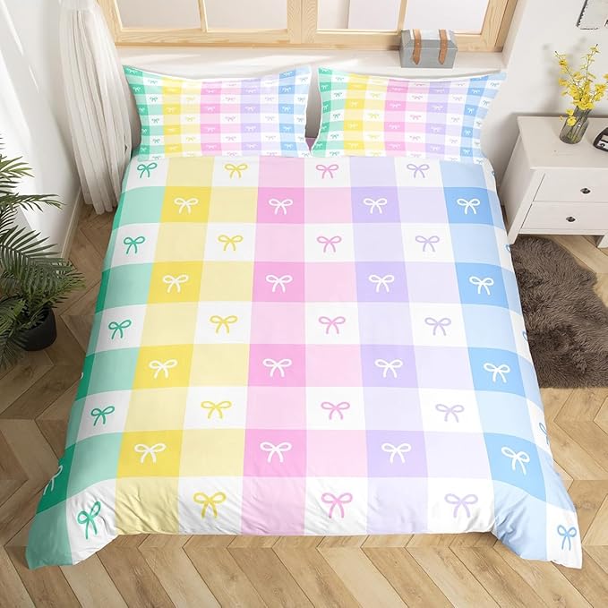 Girls Bowknot Duvet Cover Set Full Size Colorful Bow Tie Bedding Set for Kids Girly Woman Room Decor Cartoon Watercolor Geometric Lattice Reversible Quilt Cover with 2 Pillowcases (No Comforter)