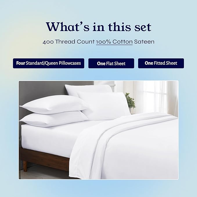 California Design Den 6 Pc Queen Size Sheet Set with 4 Pillowcases - Soft 400 Thread Count 100% Cotton Sheets, Sateen, Deep Pockets with All Around Elastic, Durable Bedding Set - White